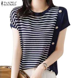 Zanzea 女式韓版通勤休閒圓領短袖條紋襯衫