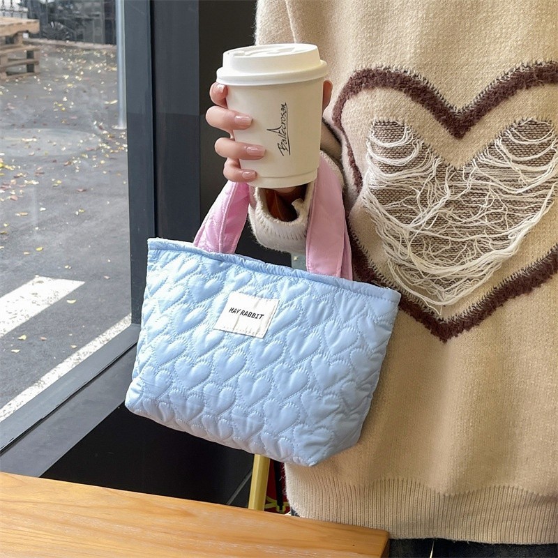 新款絎棉愛心 手提包 大容量學生 手拎包包 女帆布包便當包