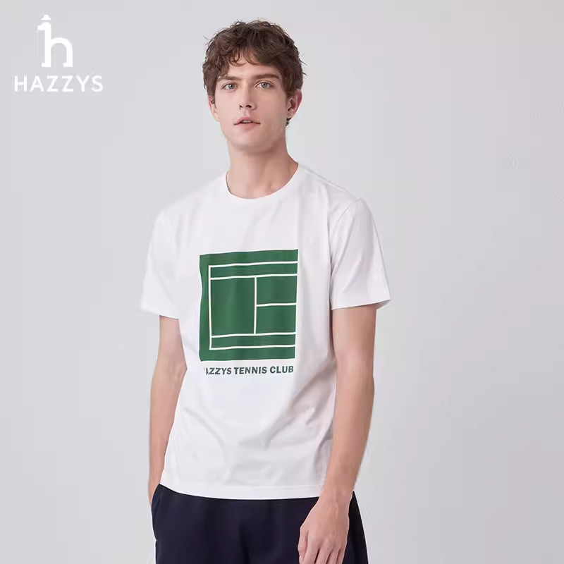 Hazzys哈吉斯2024夏季新款T恤休閒圓領撞色方塊印花純棉上衣男潮