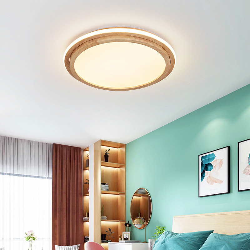圓盤橡木木藝臥室燈 溫馨暖光房間客廳陽臺現代簡約led圓形吸頂燈