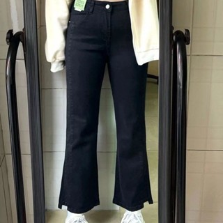 大碼彈力直筒褲女胖mm黑色微喇叭梨型身材春季微胖顯瘦穿搭牛仔褲 韓版牛仔褲 修身牛仔褲 顯瘦丹寧褲【PAPA】