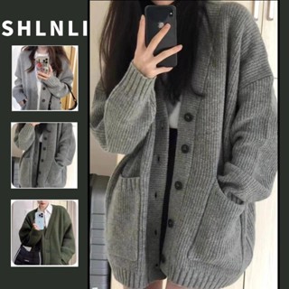 春秋女款純色中長款毛衣復古簡約寬鬆休閒針織開衫