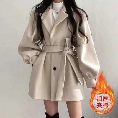 外套女 外套 風衣外套 風衣 毛呢外套女冬小個子中長款西裝領學生抽繩顯瘦大衣燈籠袖風衣加棉