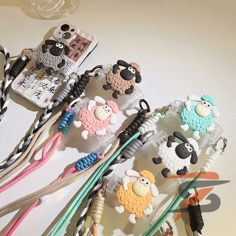 創意ins卡通矽膠綿羊背夾斜跨手機鏈公仔揹帶式編織繩通用手機殼