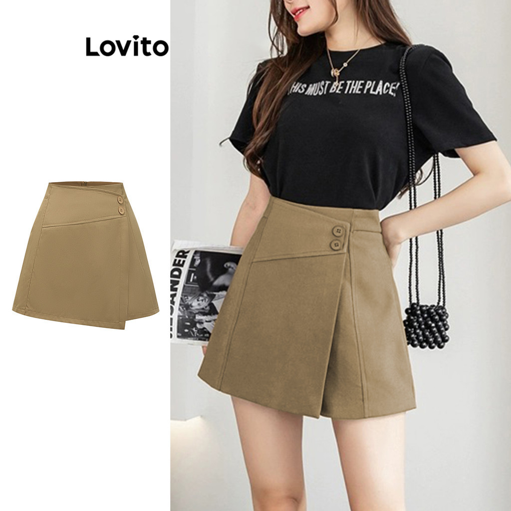 Lovito 女款休閒素色紐帶不對稱短褲 LBA82225