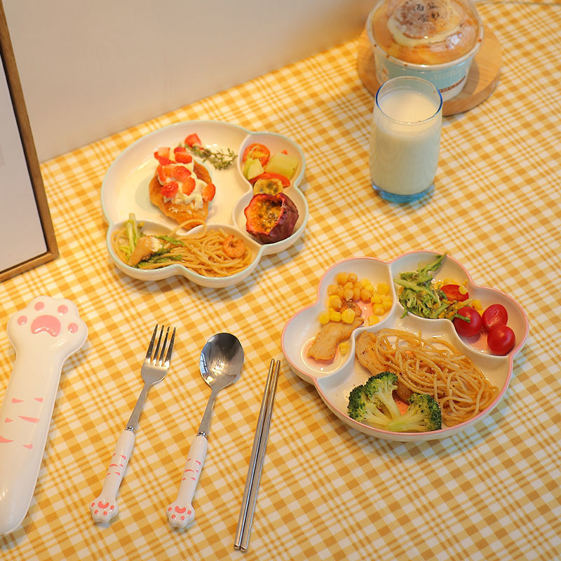 餐盤分格陶瓷隔三格家用分餐盤定量餐具減肥兒童減脂早餐貓爪盤子