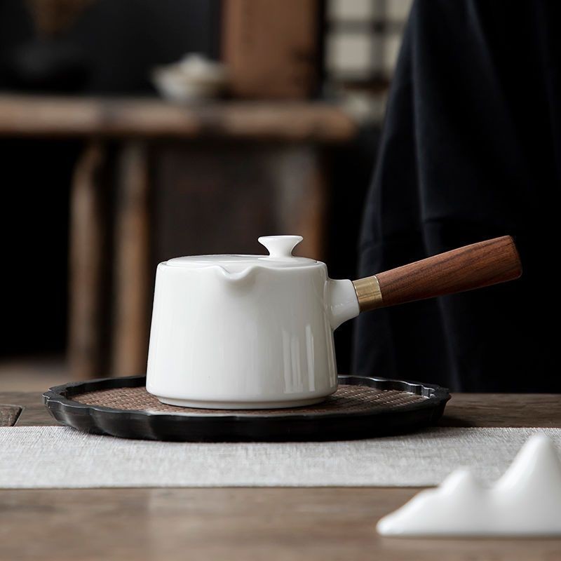 烤奶茶壺 日本側把壺 側把壺陶瓷 逍遙泡茶壺大容量 木柄茶壺 粗陶側把壺 羊脂玉茶壺陶瓷泡茶壺傢用紅茶茶具套裝陶瓷茶壺白