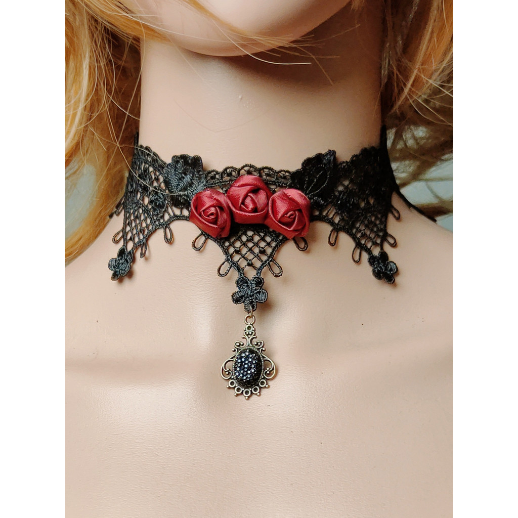 潮流款黑色蕾絲復古配件玫瑰花鎖骨鏈項鍊頸鍊