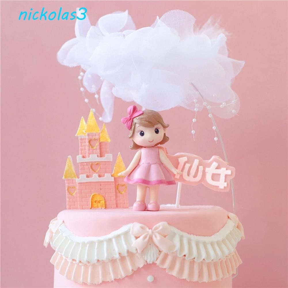 NICKOLAS蛋糕蓋粉紅色鞠躬生日派對用品嬰兒淋浴兒童禮物小公主小雕像