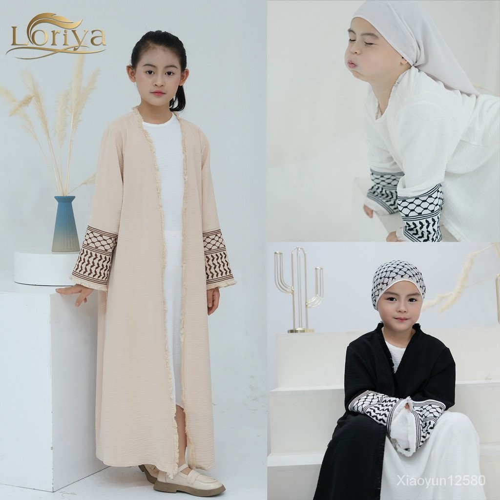 洛里亞孩子可愛的長袍流蘇刺繡巴勒斯坦樸素的長袍女孩打開長袍穆斯林服裝