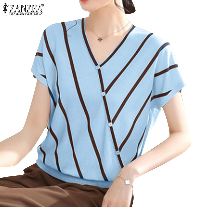 Zanzea 女式韓版休閒 V 領條紋印花短袖襯衫