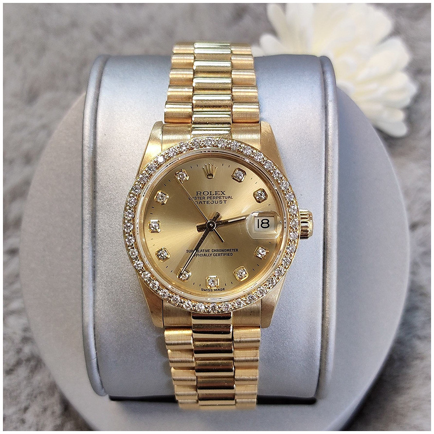 日誌型女士手錶黃金後鑲鑽圈鑽盤機械腕錶31mm