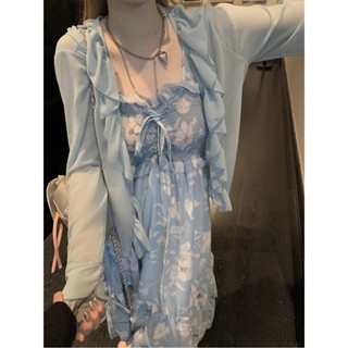 【晴天.Studio 現貨】大碼氣質淑女碎花吊帶連衣裙夏海邊度假法式初戀茶歇荷葉邊長裙子