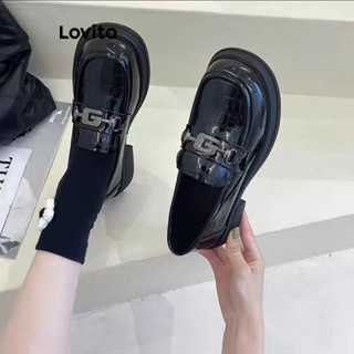 Lovito 休閒素色金屬扣水鑽英倫風格厚底女漆皮樂福鞋 LFA62199