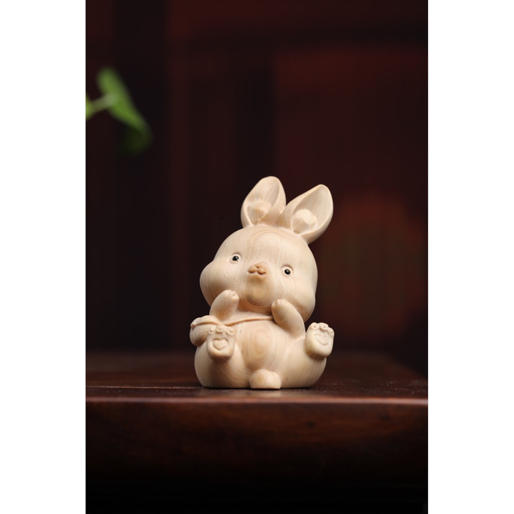 【現貨】小葉黃楊木愛心翹腳萌兔手把玩件實木雕刻工藝生肖小兔子裝飾擺件