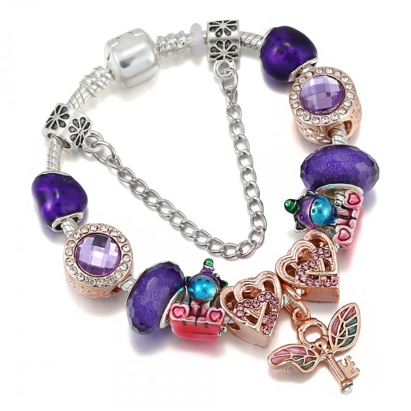 PANDORA 紫色玻璃珠手鍊適合潘多拉 DIY S925 銀鍊珠原創首飾手工飾品批發