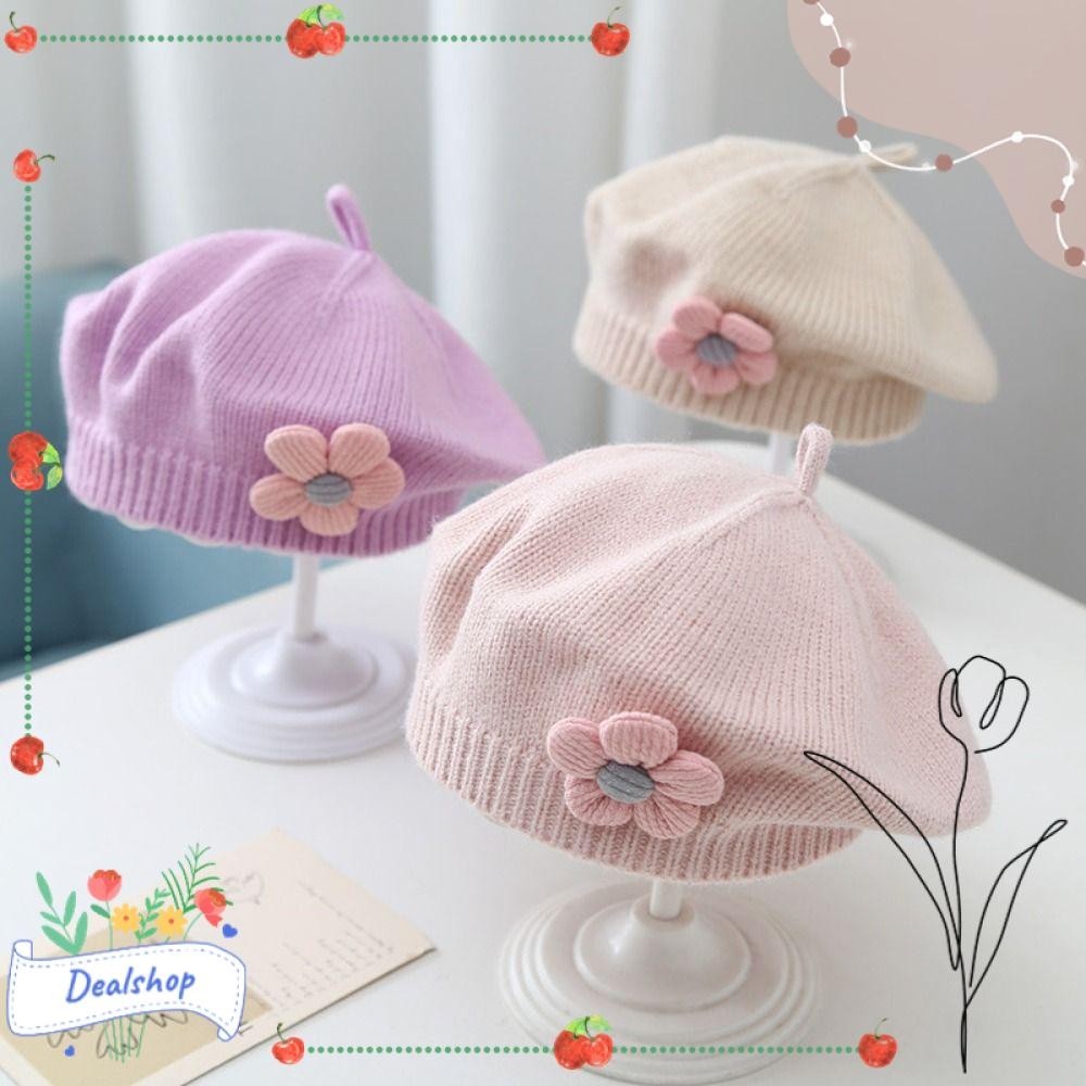DEALSHOP嬰兒貝雷帽,針織純色兒童貝雷帽,時尚溫暖花兒童帽女嬰