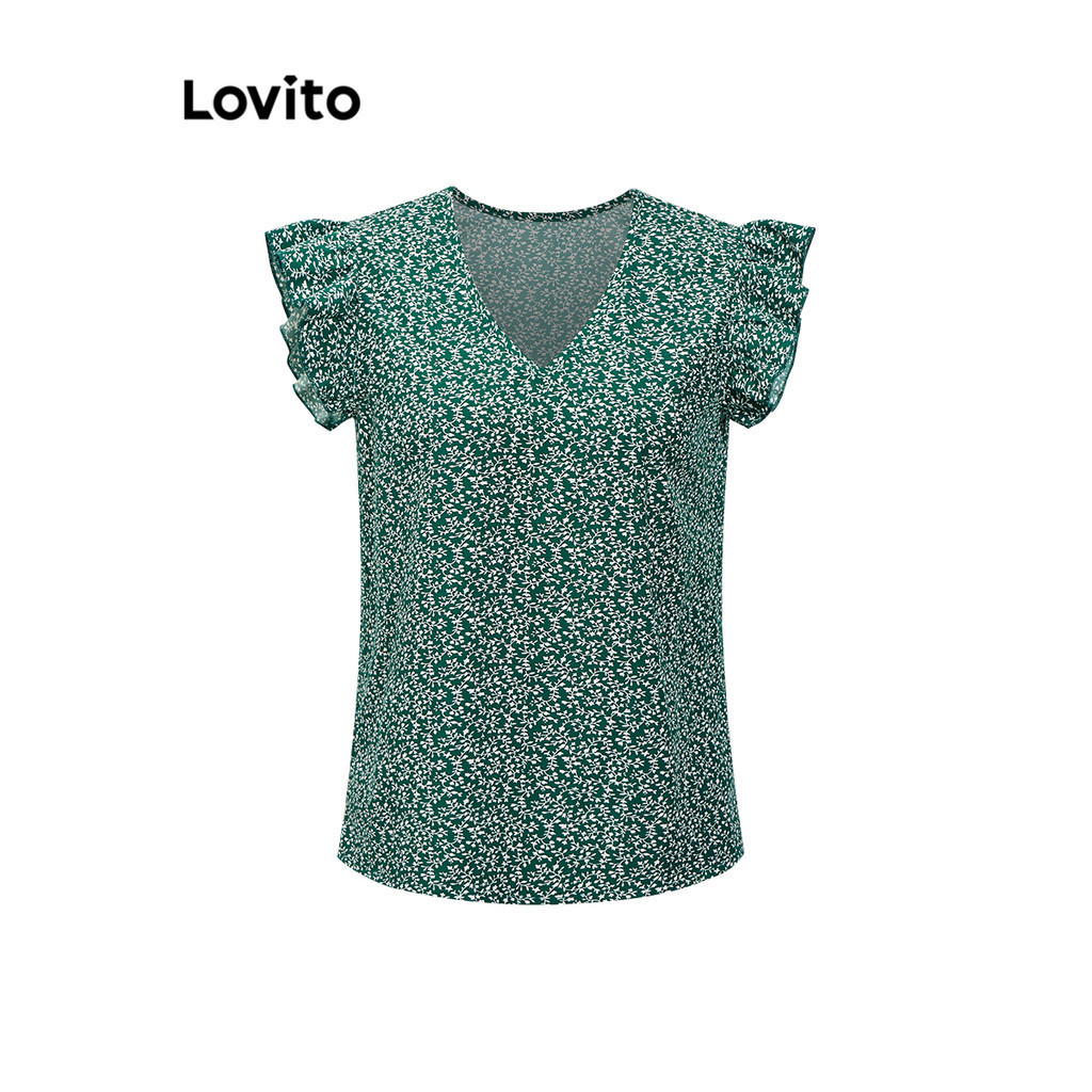 Lovito 波西米亞格  女用花卉荷葉邊襯衫 LSE02027