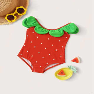 (0-4 歲)草莓連體泳衣兒童女孩泳裝女嬰露背印花泳裝嬰兒沙灘裝