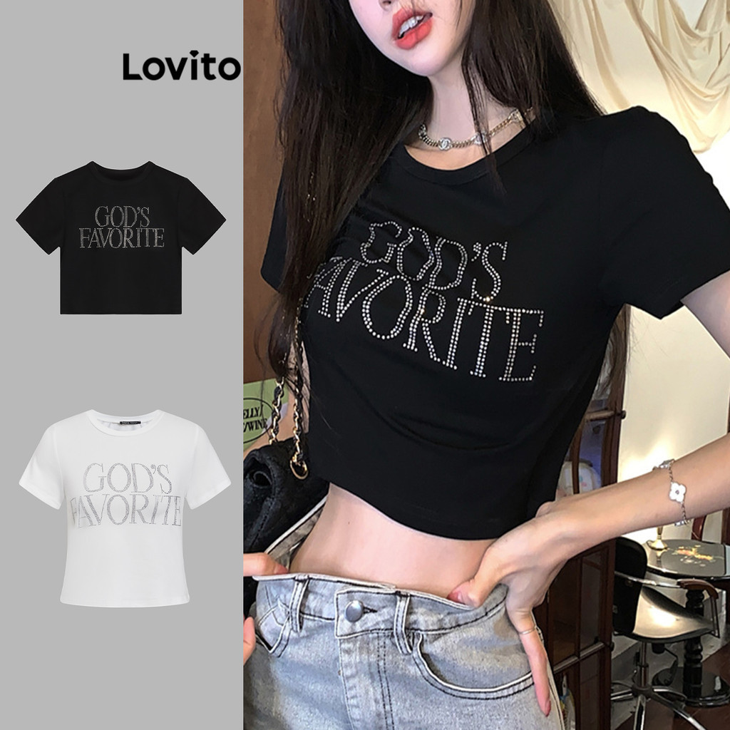 Lovito 女士休閒字母水鑽 Y2K T 恤 LNA17167 (黑色)