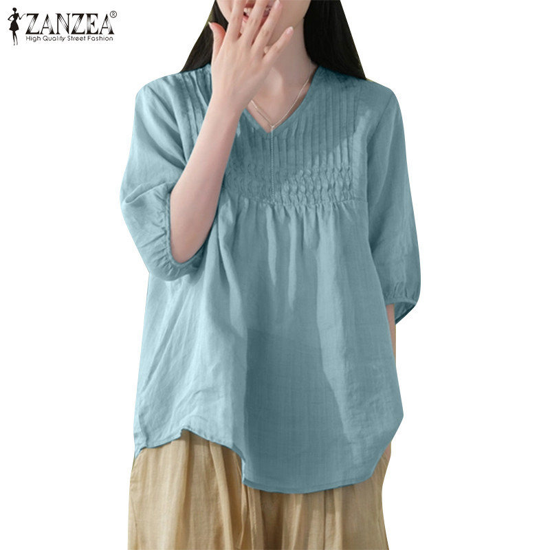 Zanzea 女式韓版休閒 V 領純色半袖襯衫