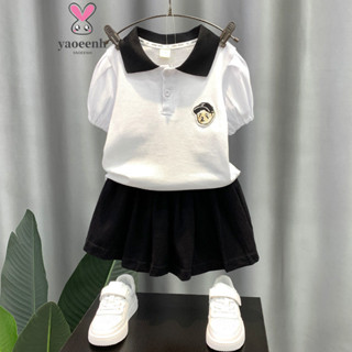 90-160CM 夏裝男童polo衫上衣短褲套裝 女童學院風翻領短袖短裙兩件套 現貨 快速出貨