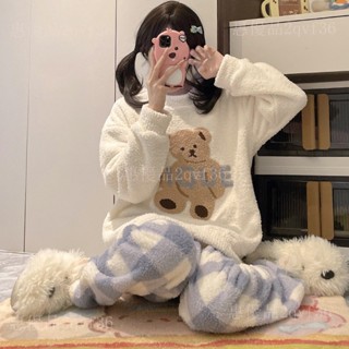 日韓風新款可愛傢居服套裝諾茵蘭長袖半邊珊瑚絨睡衣女保暖鞦鼕季L2qvf36