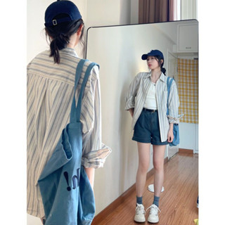 限時下殺🚀🚀✨長袖襯衫女2025新款設計感小眾藍色條紋法式上衣夏季防曬襯衣外套