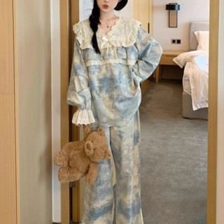 【店鋪熱銷】公主風蕾絲邊睡衣女2025新款春季甜美暈染長袖花邊套裝家居服外穿