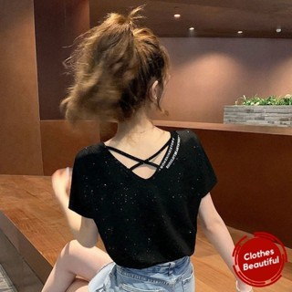 【女神館】臺灣發貨🔥後背交叉帶字母閃閃短袖T恤女夏季新款休閒設計感小眾百搭ins上衣