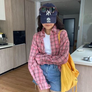 【HOT 本舖】 韓版氣質粉色格子襯衫女2025年春夏時尚寬鬆透氣長袖襯衣外套防曬