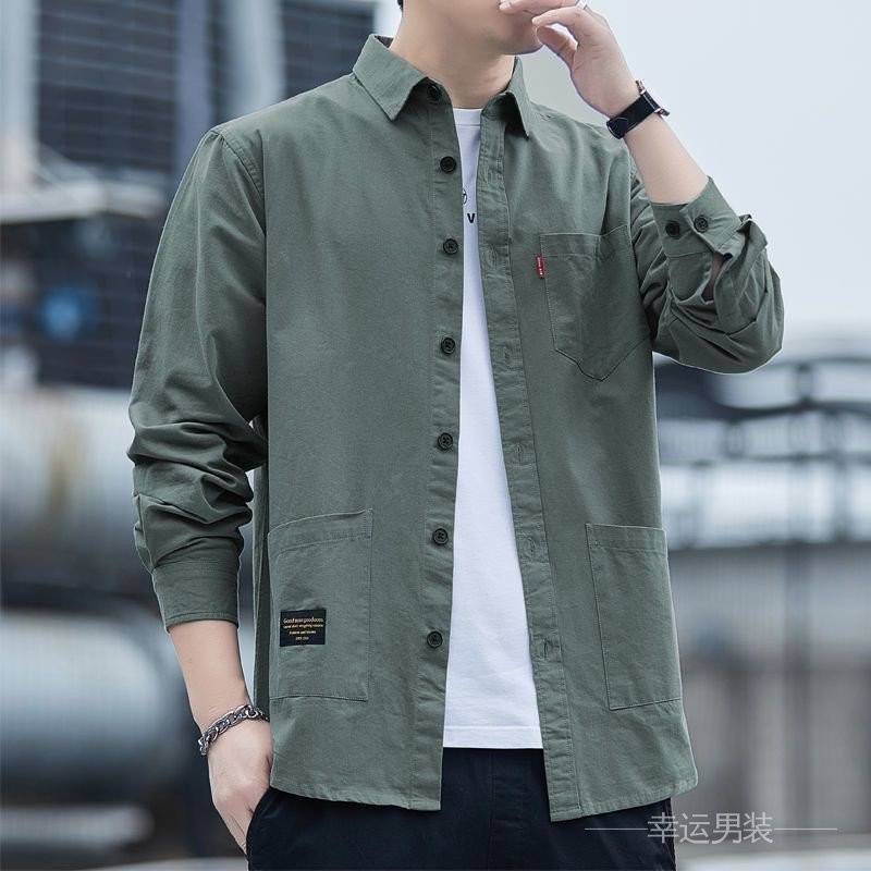 高檔工裝襯衫男春季新款潮流中青年韓版寬鬆休閒襯衣外套工地