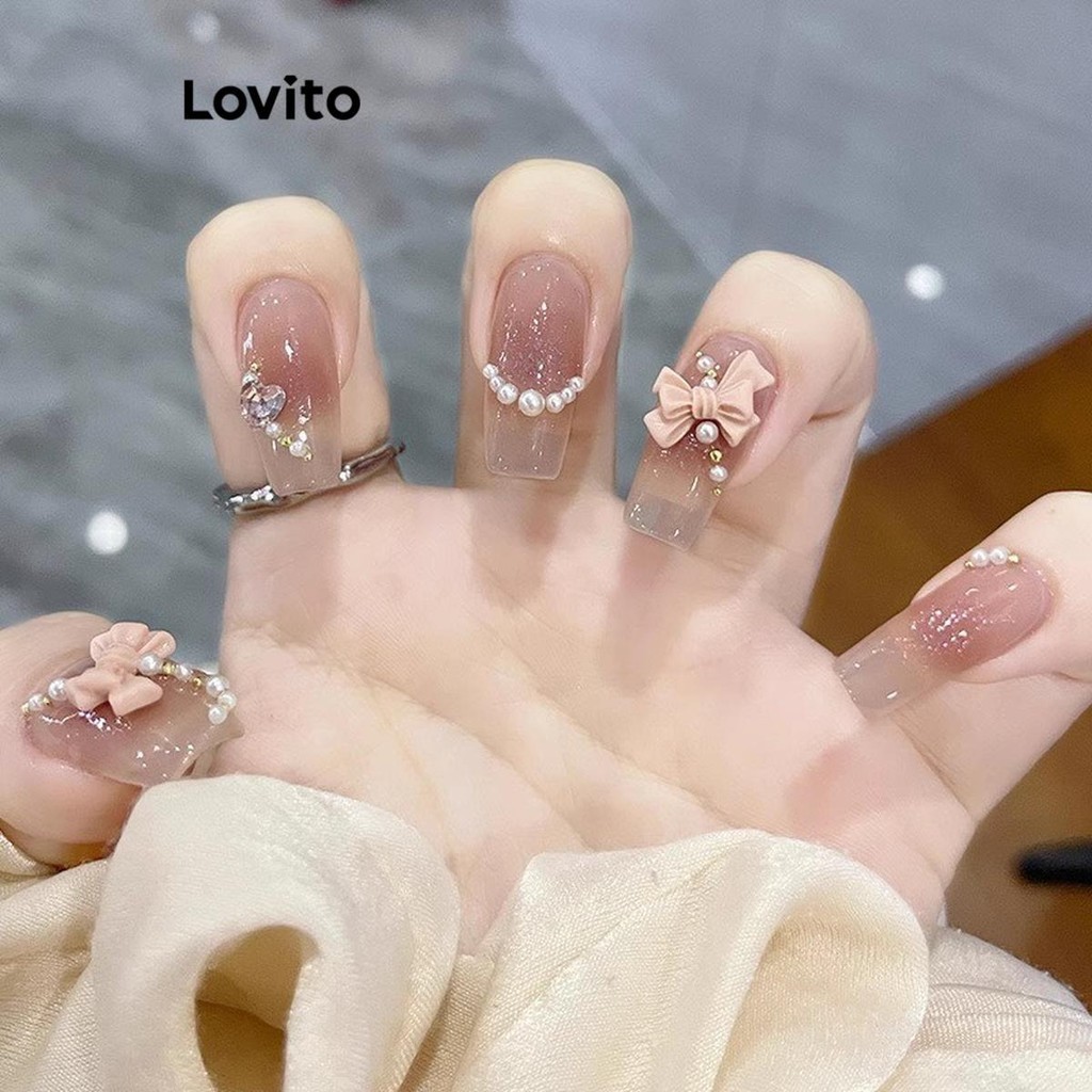 Lovito 可愛素色珍珠蝴蝶結女式防水 3D 浮雕 20 世紀人造指甲 LFA28008