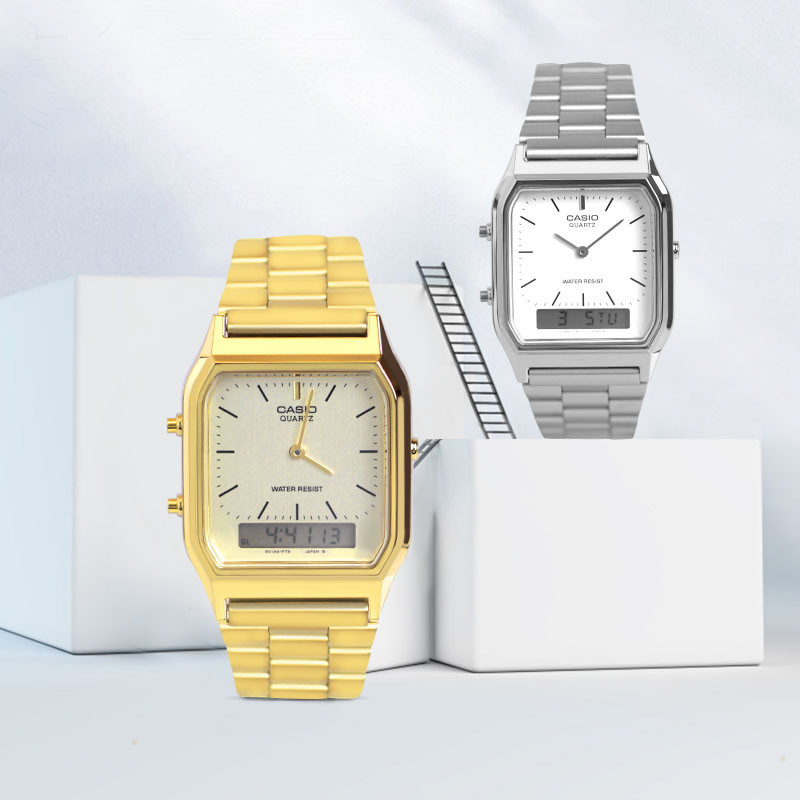 卡西歐電子錶方形手錶中性男女復古小金錶AQ-230GA-9D/230A-7D/1D