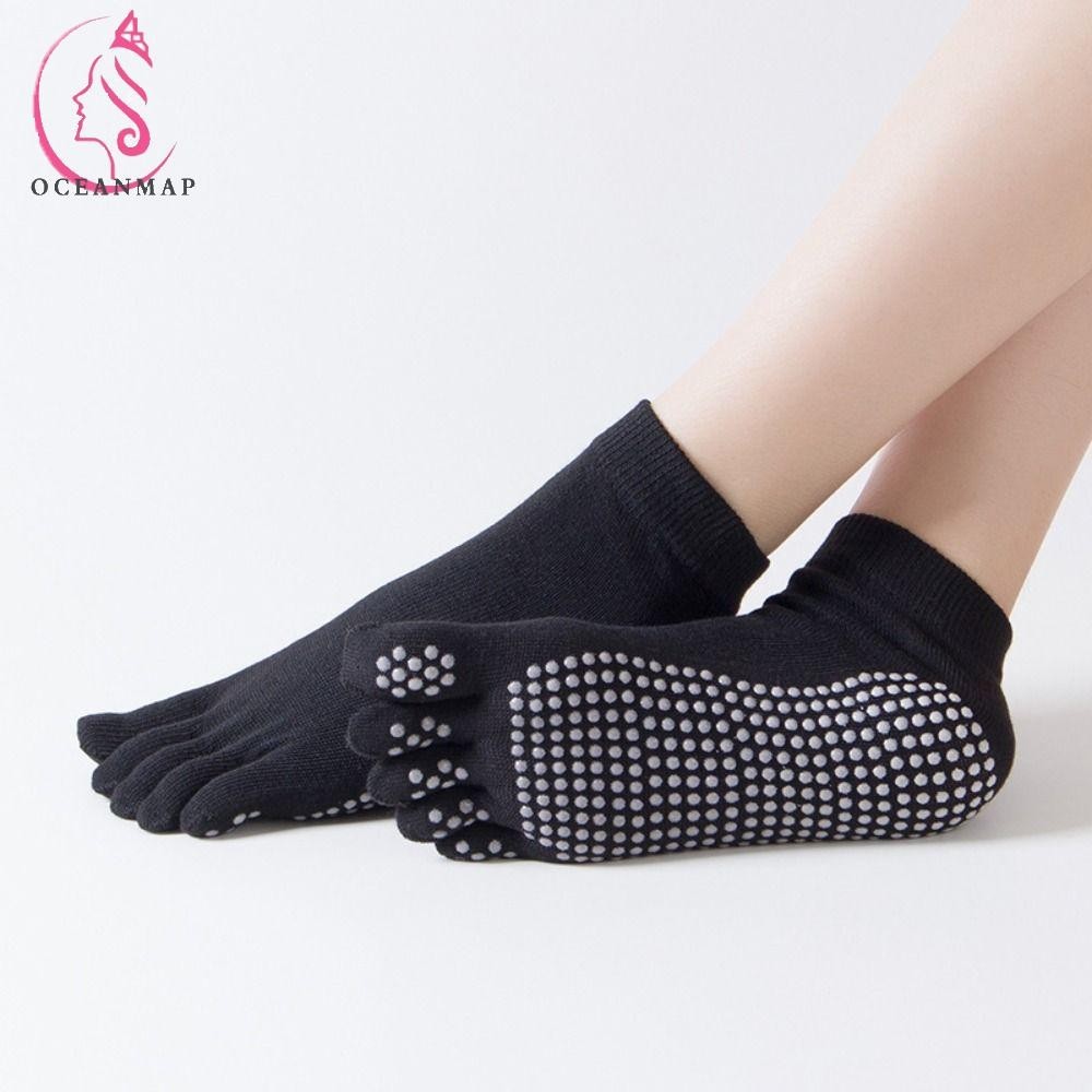 OCEANMAP韓國女襪純色彈性裂趾色彩豐富棉花健身房腳踝運動健身圓點硅膠地板襪