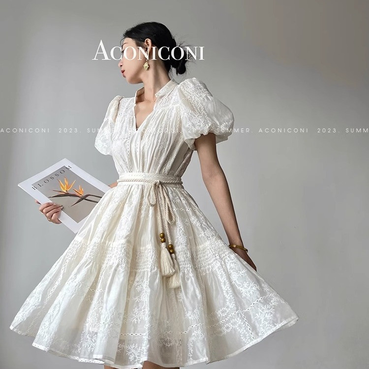 Aconiconi|黑莓奶貝 泡泡袖襯衫v領刺繡上衣套裝裙氣質天絲短裙