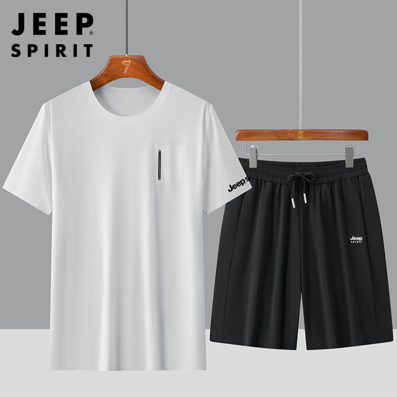 JEEP SPIRIT夏季速乾冰絲短袖運動套裝男薄款彈力休閒短褲兩件套