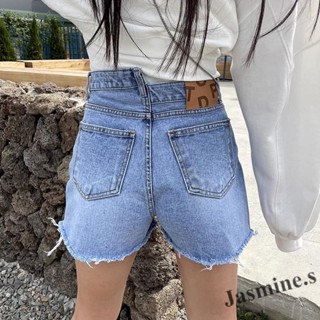 韓國chic夏季復古氣質不規則設計高腰百搭毛邊拉絲闊腿牛仔褲短褲