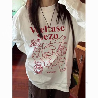 ~ 臺灣出貨~ 秋季長袖高街美式寬鬆小狗可愛印花打底上衣100純棉