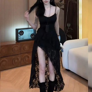 【現貨速發】✔️洋裝 【店鋪熱銷】荷葉邊素色蕾絲吊帶洋裝女新款氣質不規則裙子顯瘦收腰a字長裙 夏季女裝