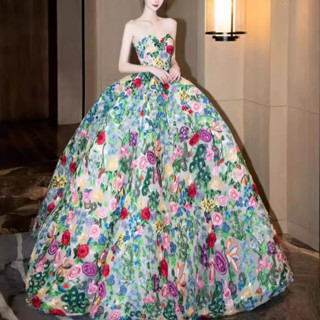 莫奈花園拖尾婚紗公主裙2025新款抹胸宮廷風彩紗婚紗晚禮服蓬蓬裙