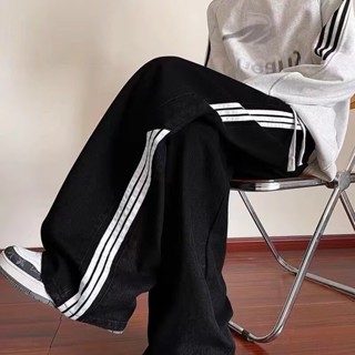 【HOT 本舖】男裝 條紋拼接黃泥牛仔褲男秋季直筒寬鬆闊腿褲子潮牌美式復古拖地長褲