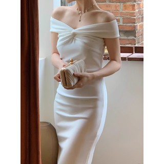evening dress 高階 禮服裙 一字領法式白色洋裝女小眾顯瘦收腰敬晚禮服中長款包臀魚尾裙 現貨3/27