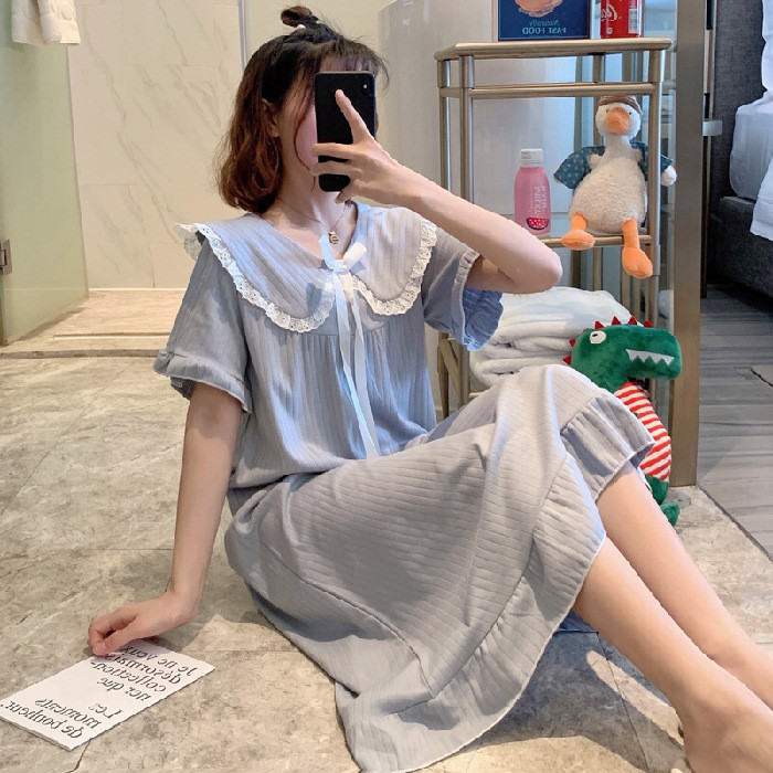 女生可外穿韓版夏季長裙《女士睡裙坑條素色短袖4.13現貨牛奶絲寬鬆洋裝》