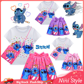 迪士尼 Stitch 服裝兒童女孩夏季短袖 T 恤裙袋套裝萬聖節生日派對休閒裝