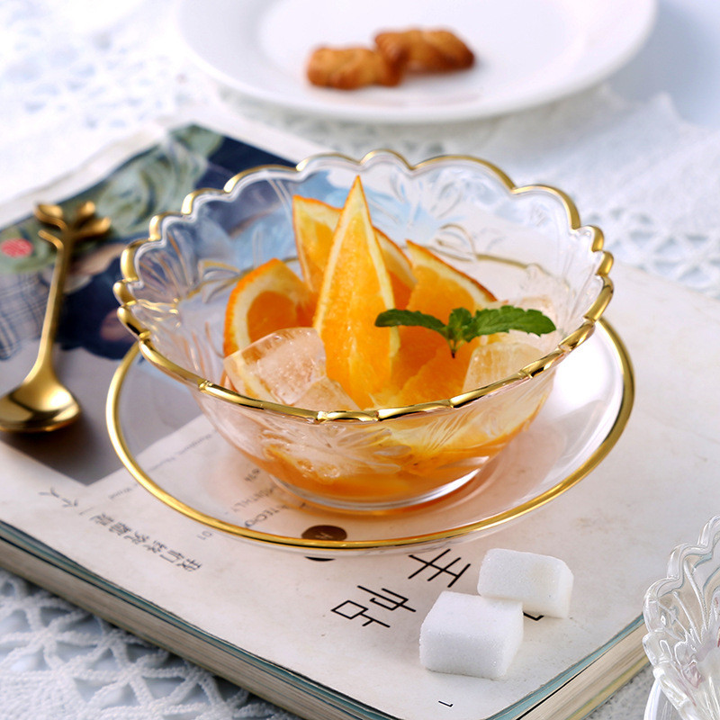 歐式甜品碗描金燕窩碗玻璃碗簡約日式家用碗碟套裝透明花邊碗碟勺