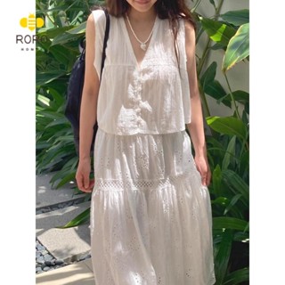 RORO 韓國chic夏季法式小清新V領無袖背心襯衫+刺繡鏤空提花半身裙套裝