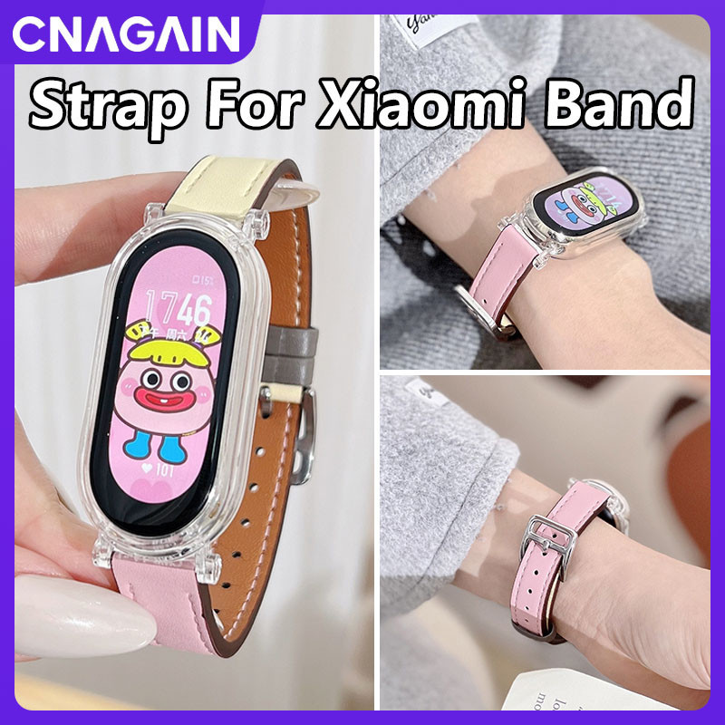 XIAOMI MI XIAOMI Cnagain 兼容小米手環 8/7/6/5/4/3 NFC 防扣皮錶帶 + 透明殼,