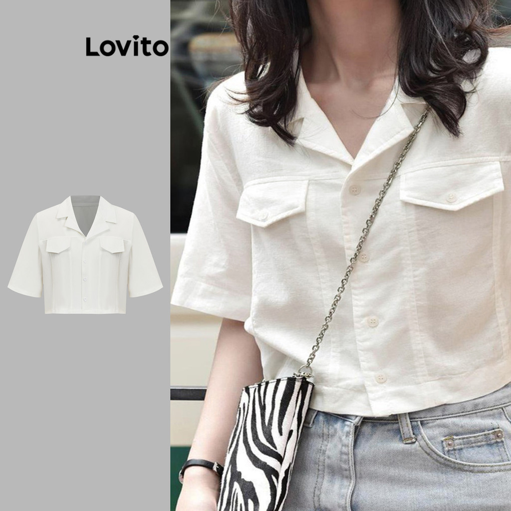 Lovito 女士休閒素色紐帶假口袋襯衫 L82AD020
