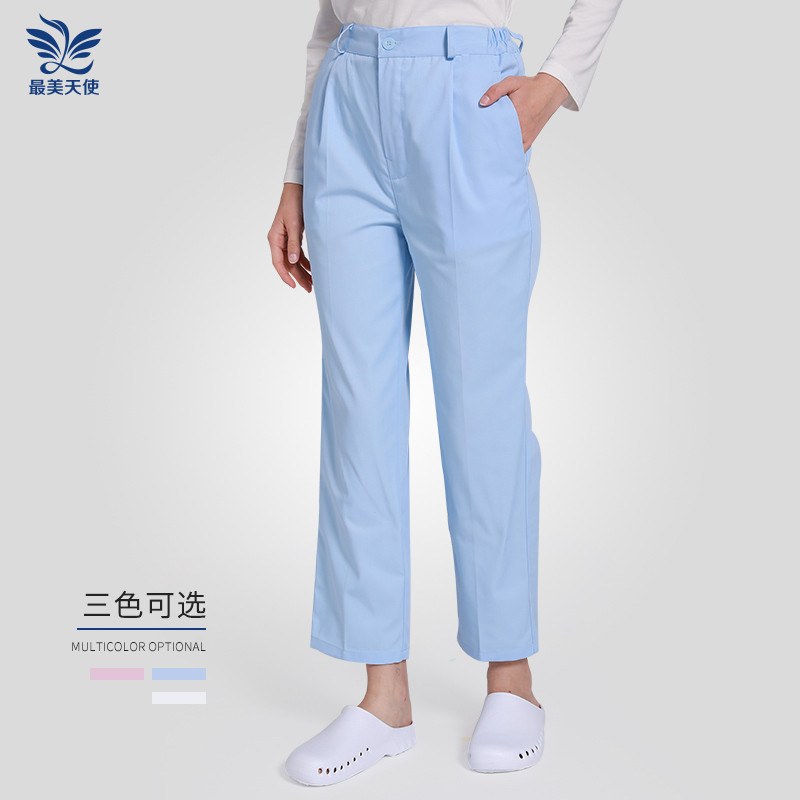 現貨 護士褲夏季薄款白色工作褲女冬季厚款寬鬆西裝褲鬆緊腰粉色藍色大尺碼